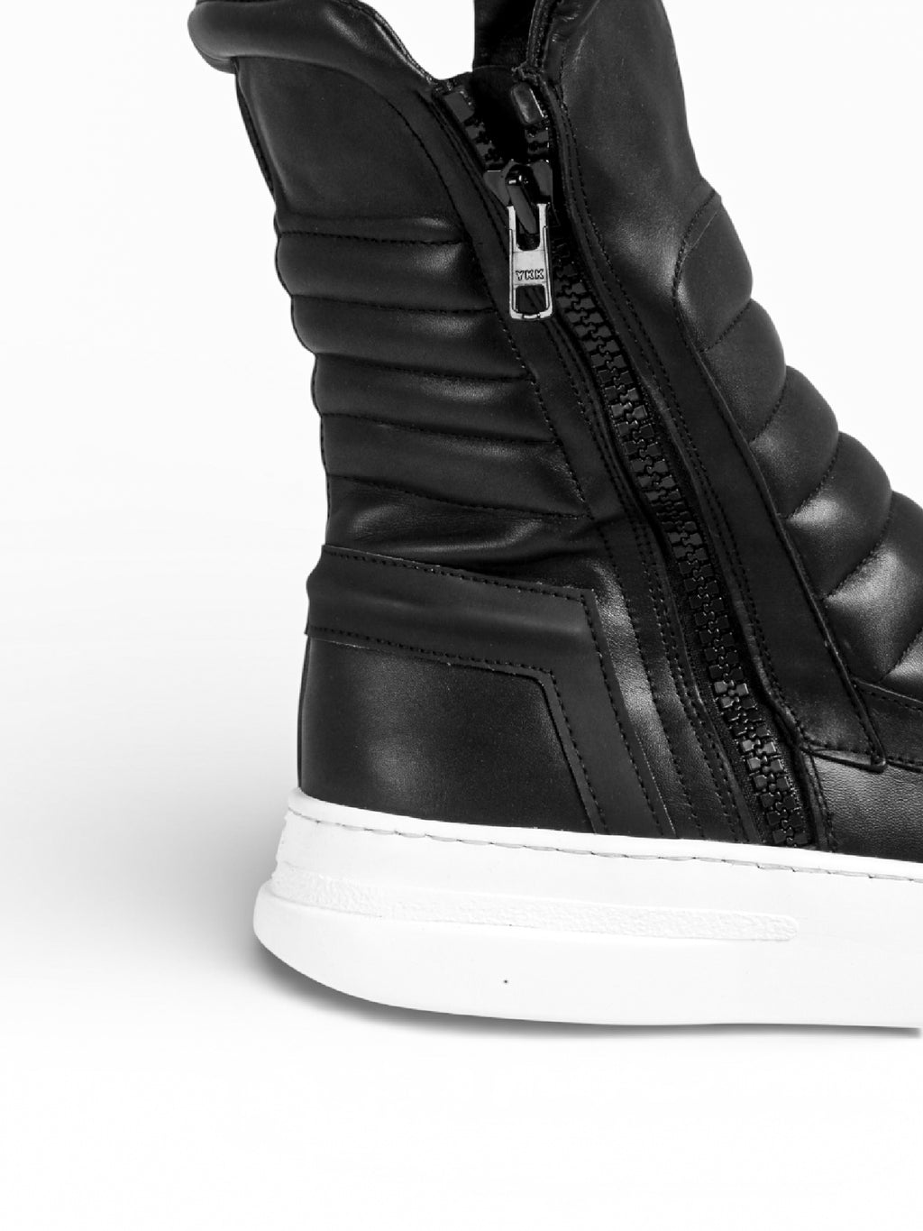 Sneaker Herrenstiefel aus schwarzem Leder mit doppeltem Reißverschluss, weißer Boden - MOTO