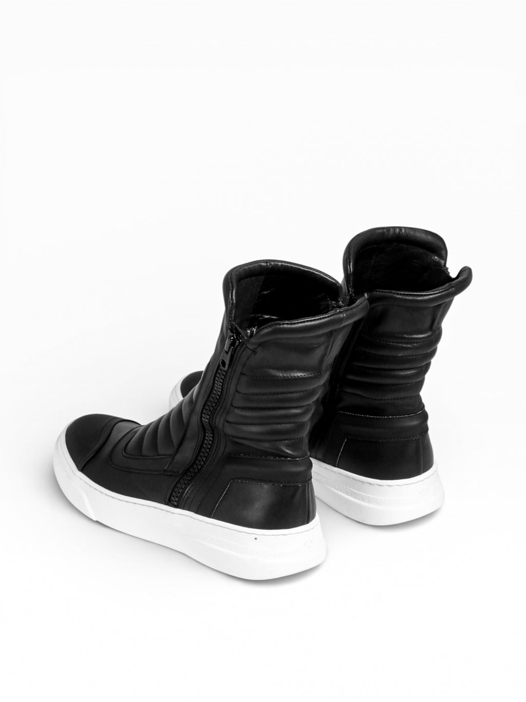 Sneaker Herrenstiefel aus schwarzem Leder mit doppeltem Reißverschluss, weißer Boden - MOTO