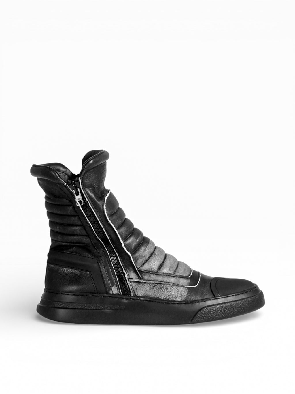 Sneaker Herrenstiefel aus schwarzem Leder mit doppeltem Reißverschluss und schwarzem Boden - MOTO