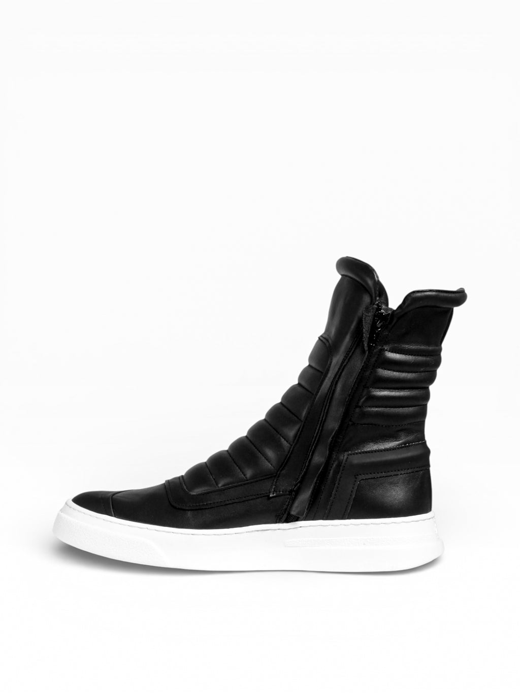 Sneaker Herrenstiefel aus schwarzem Leder mit doppeltem Reißverschluss, weißer Boden - MOTO