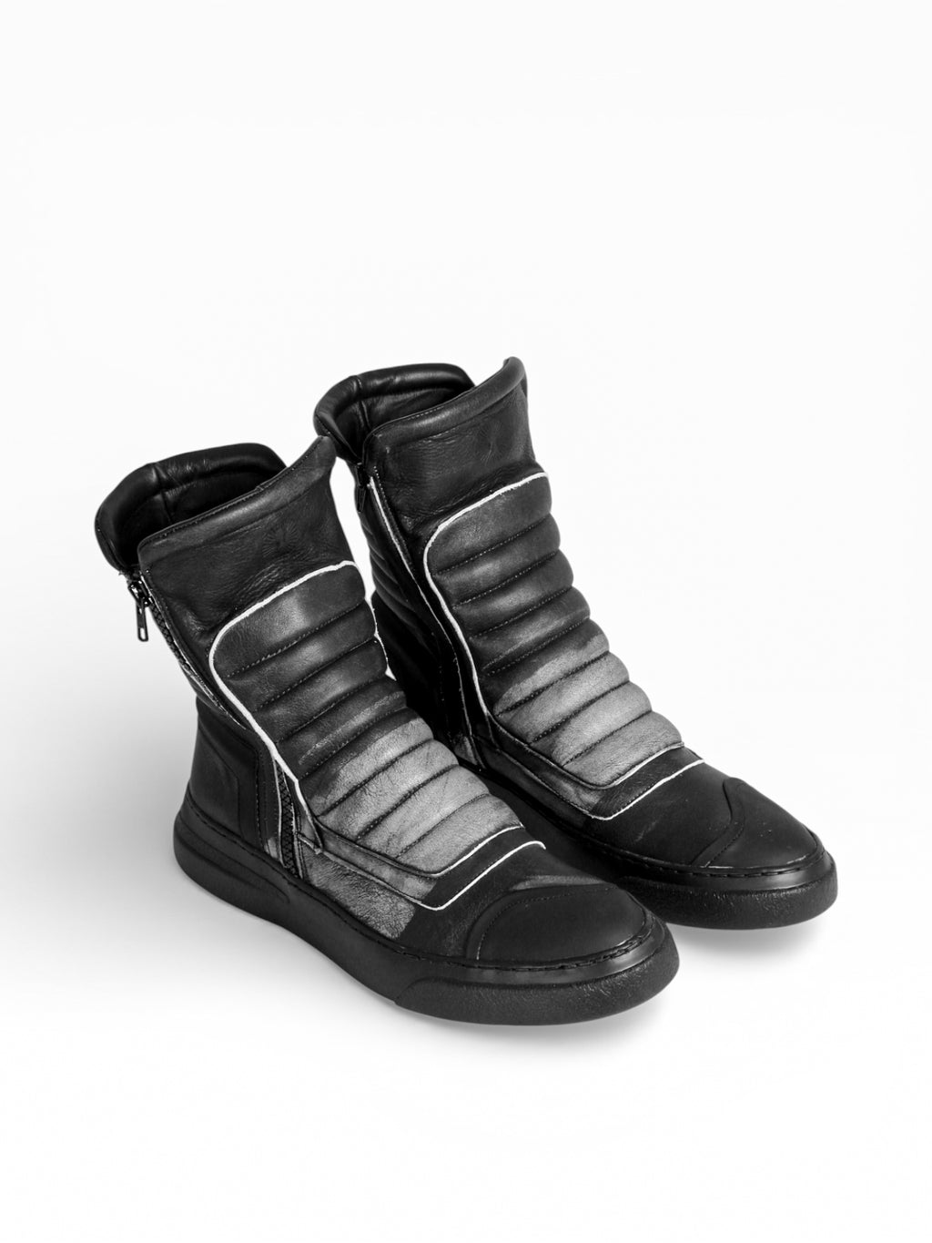 Sneaker Herrenstiefel aus schwarzem Leder mit doppeltem Reißverschluss und schwarzem Boden - MOTO