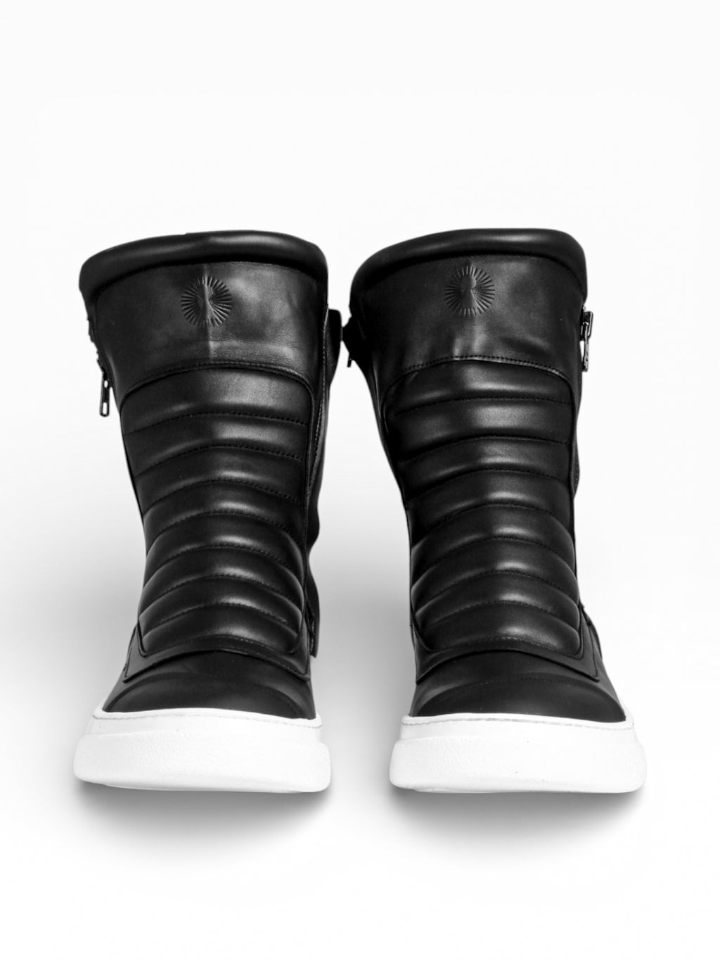Sneaker Herrenstiefel aus schwarzem Leder mit doppeltem Reißverschluss, weißer Boden - MOTO