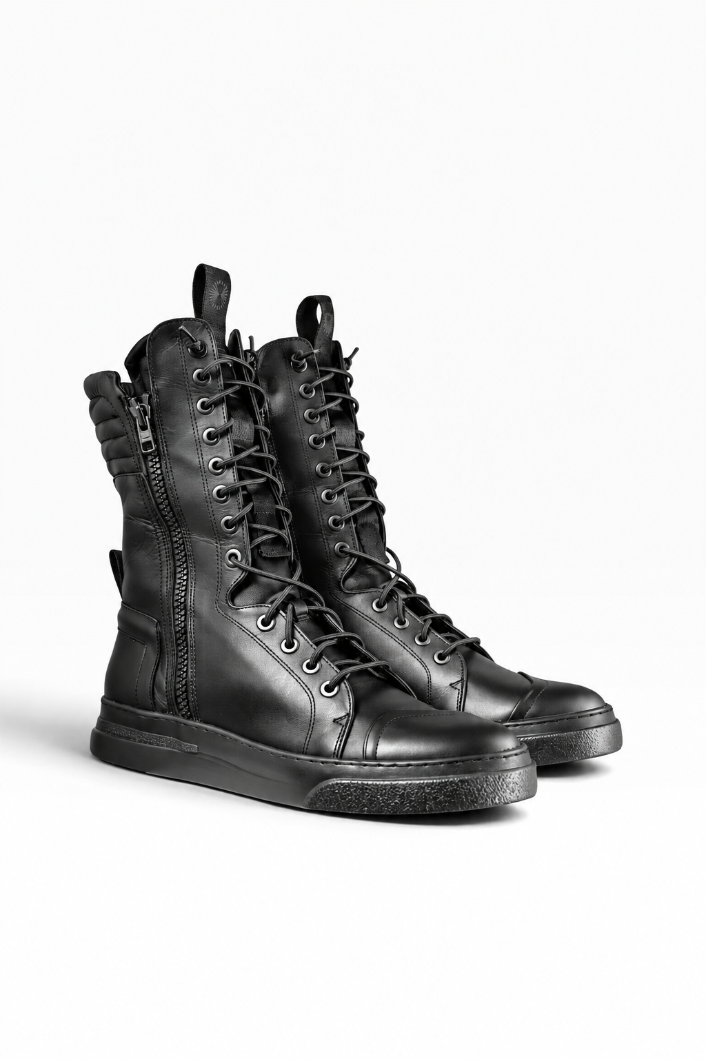 BOX – Men’s Black Leather High-Top Sneakers with Double Zip and Black Sole
