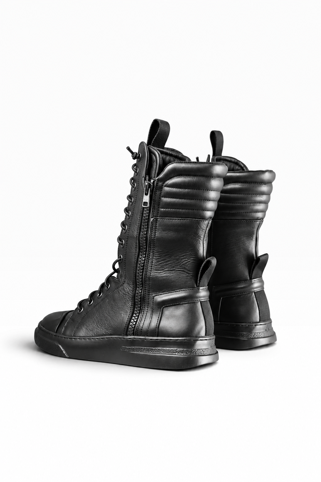 BOX – Men’s Black Leather High-Top Sneakers with Double Zip and Black Sole