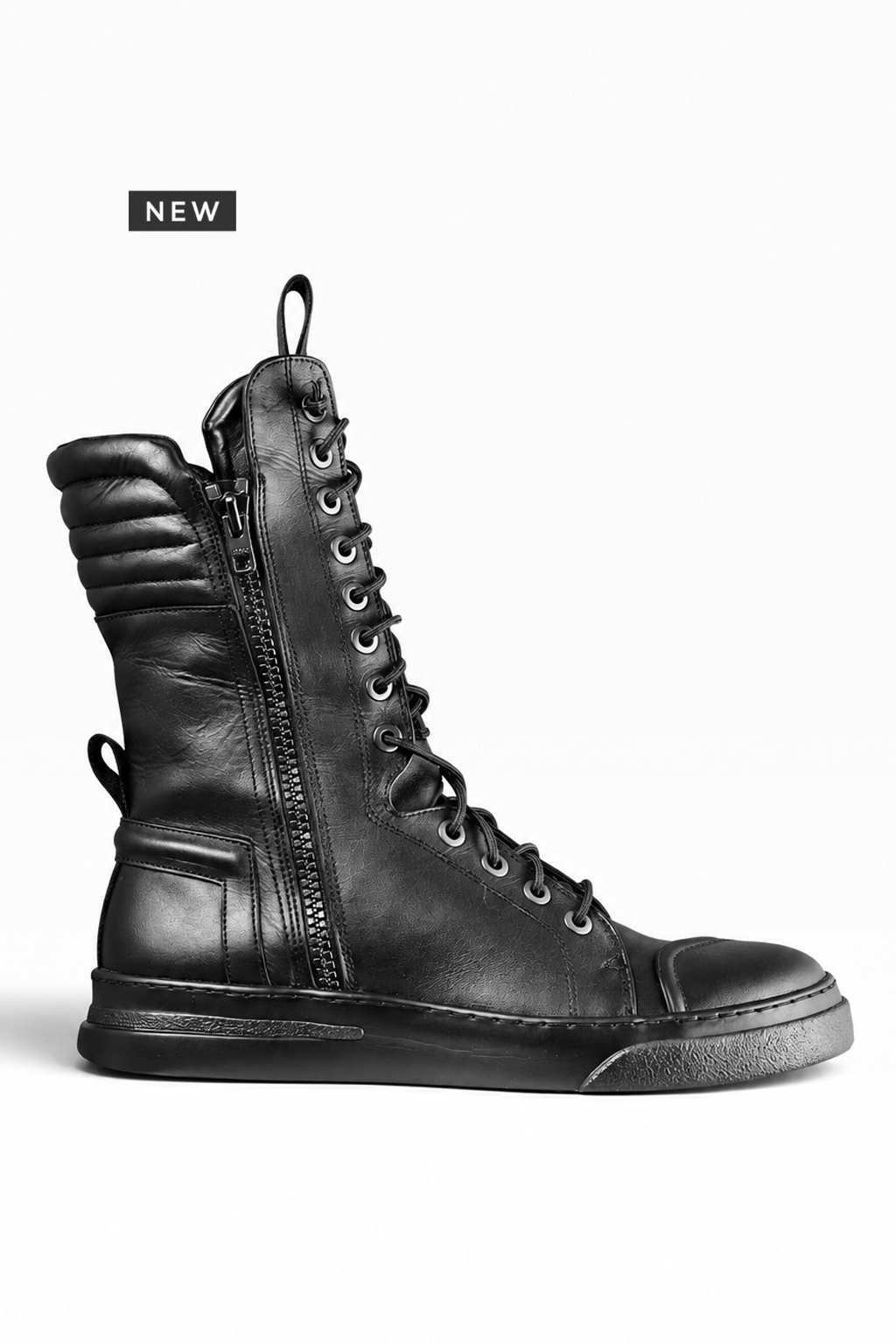 BOX – Men’s Black Leather High-Top Sneakers with Double Zip and Black Sole