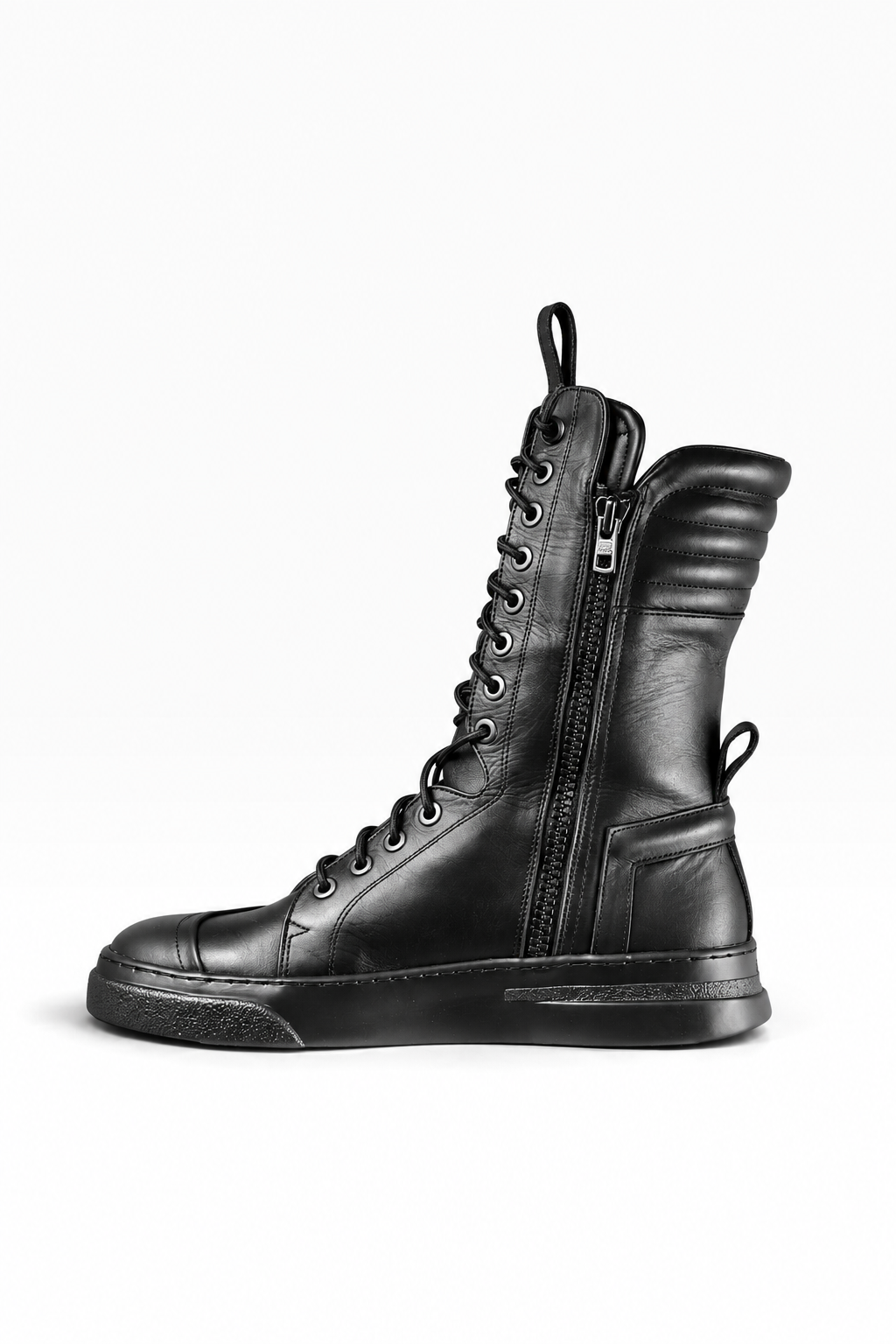 BOX – Men’s Black Leather High-Top Sneakers with Double Zip and Black Sole