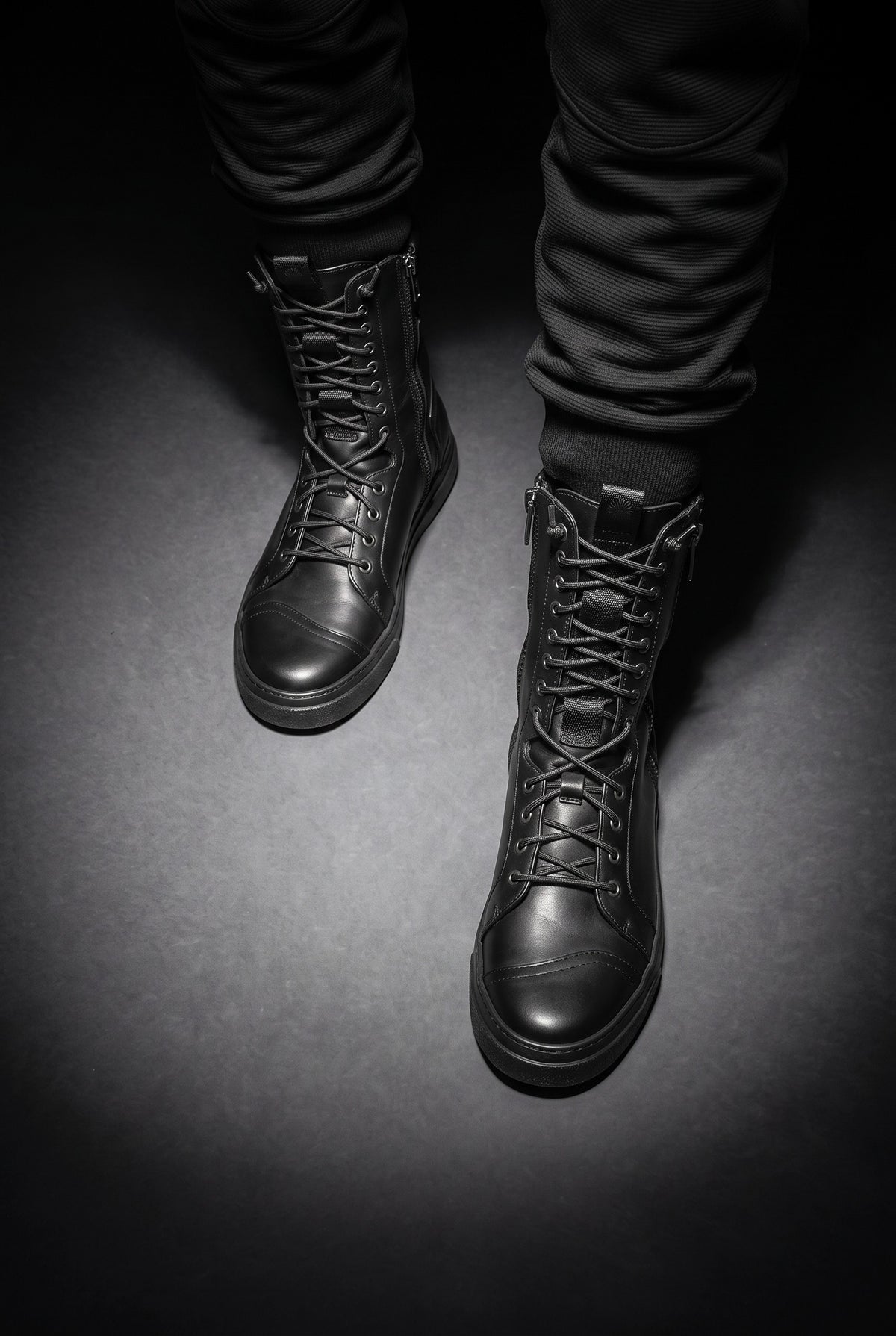 BOX – Men’s Black Leather High-Top Sneakers with Double Zip and Black Sole