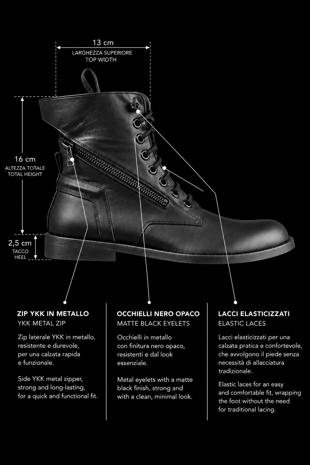 Herren Mid Boots aus schwarzem Leder mit doppeltem Reißverschluss und schwarzem Boden - BIC