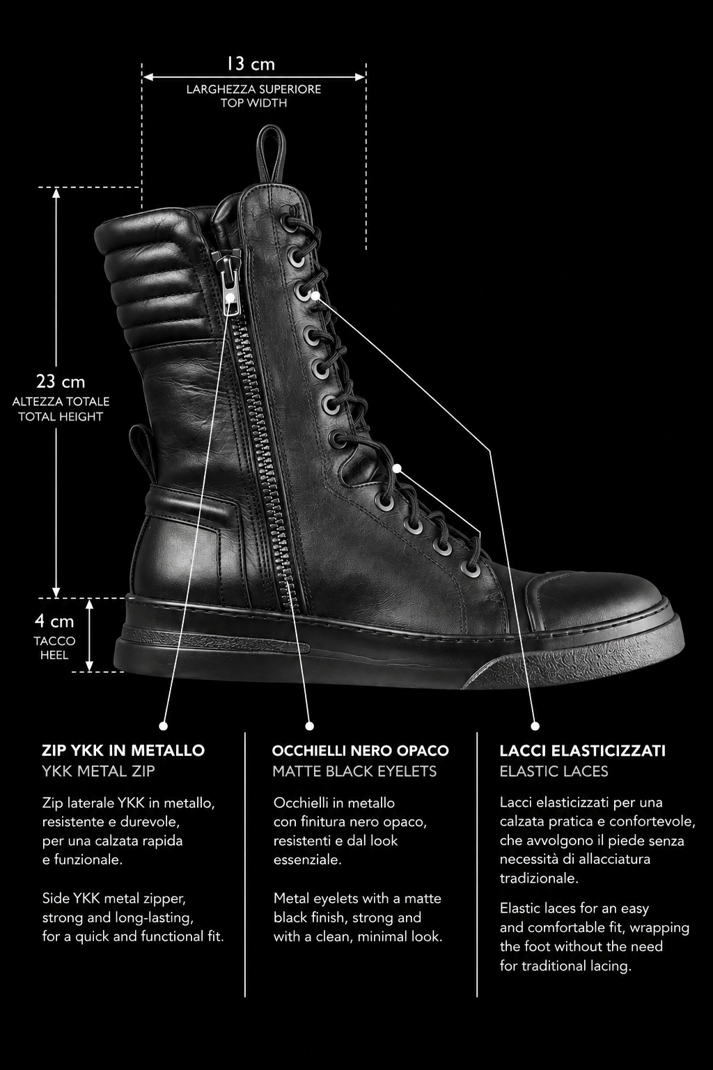 BOX – Herren-High-Top-Sneaker aus schwarzem Leder mit doppeltem Reißverschluss und schwarzer Sohle