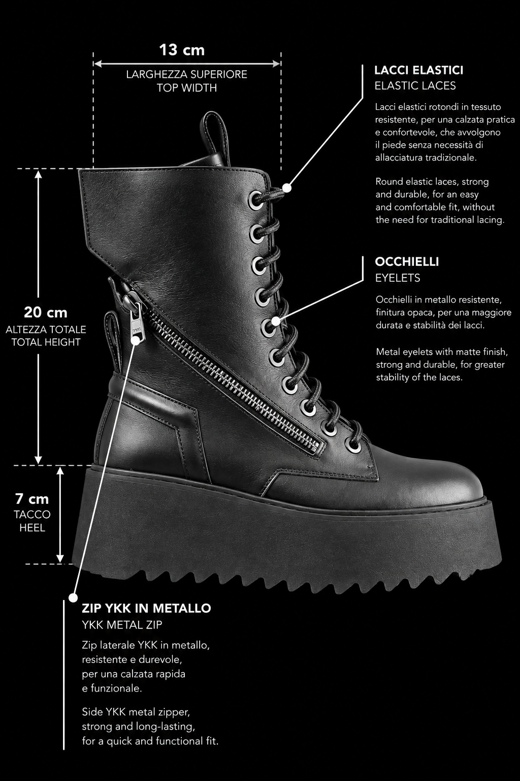 PAOLA – Black leather boots double zip platform