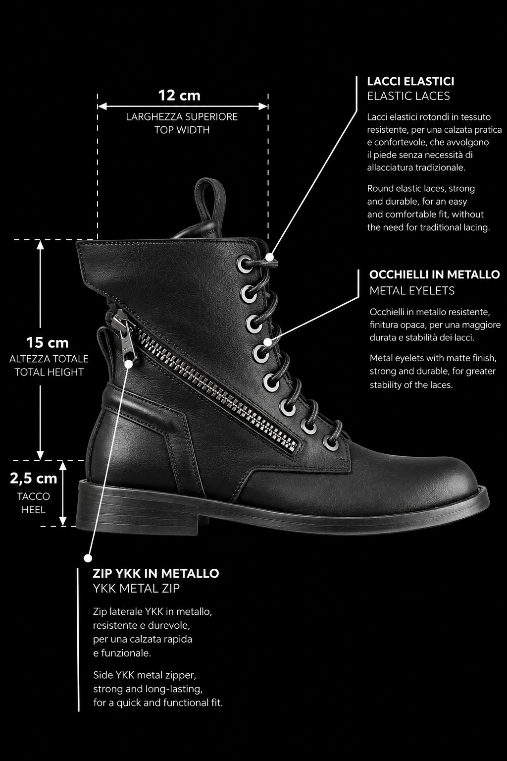 GRUNGE – Schwarzer Damen-Ankle-Boot aus Leder mit Ledersohle