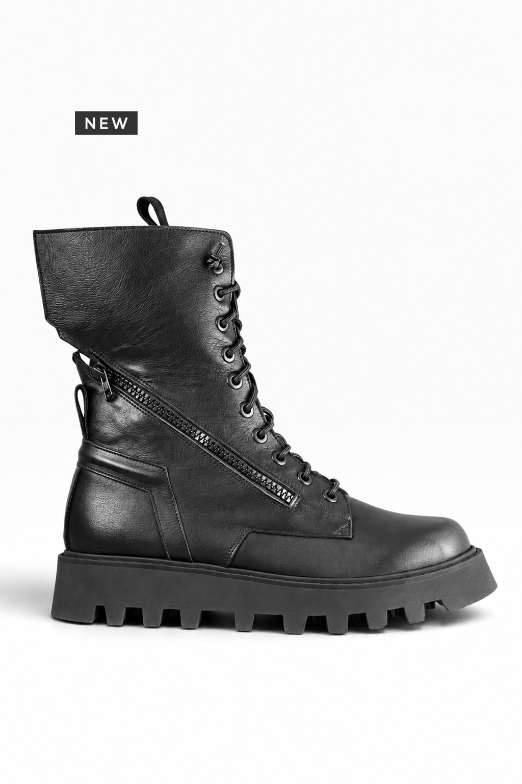 EVER – Schwarzer Lederstiefel mit doppeltem Reißverschluss und Profilsohle