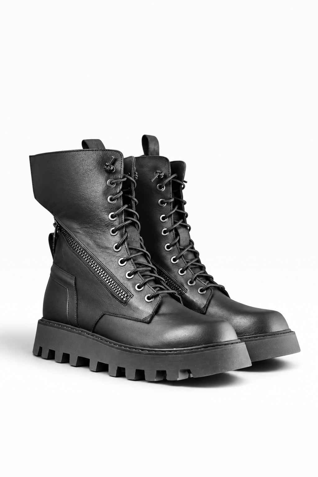 EVER – Schwarzer Lederstiefel mit doppeltem Reißverschluss und Profilsohle