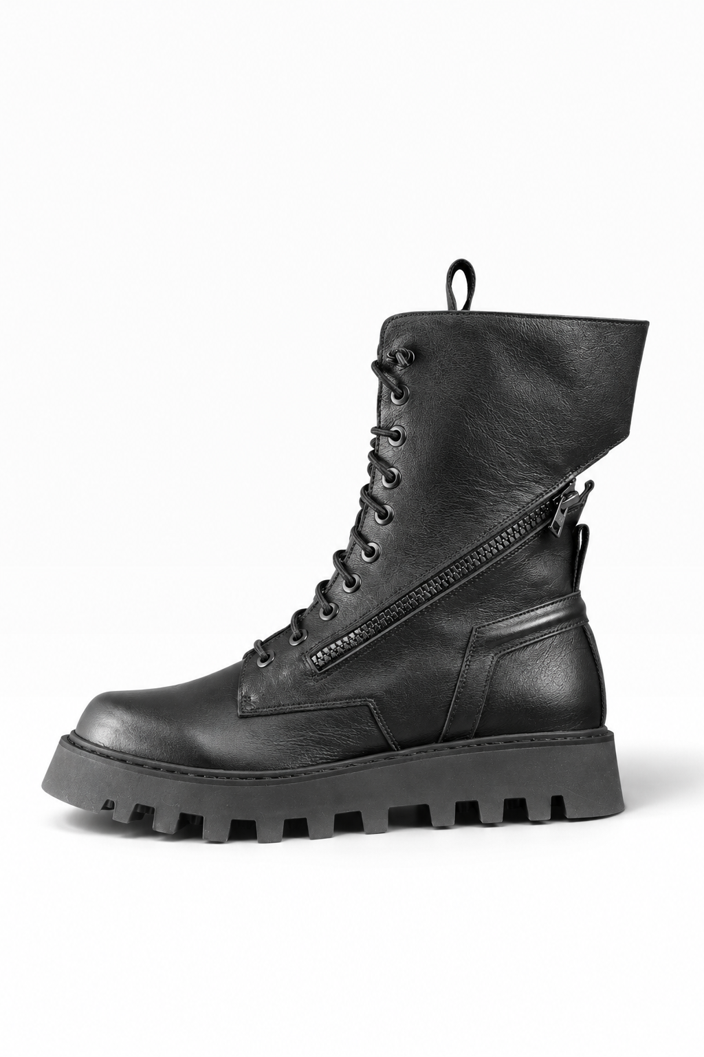 EVER – Schwarzer Lederstiefel mit doppeltem Reißverschluss und Profilsohle