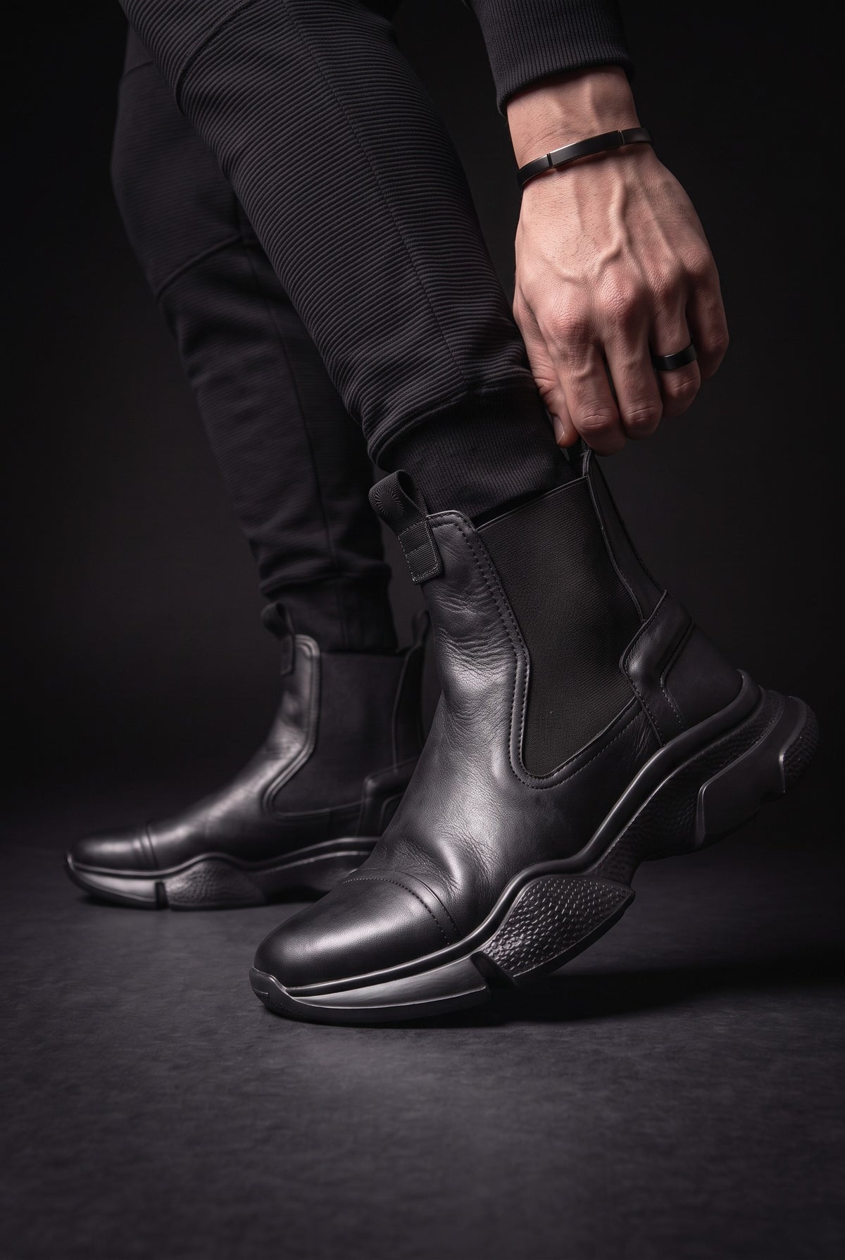 FLAYER X – Black Leather Running Chelsea Boot, Black Sole
