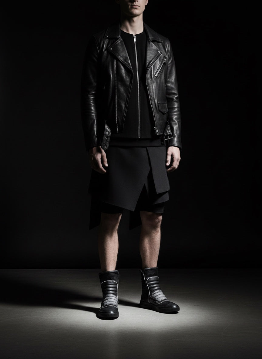 Sneaker Herrenstiefel aus schwarzem Leder mit doppeltem Reißverschluss und schwarzem Boden - MOTO