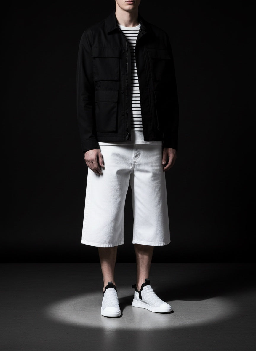 Men's slip on sneaker in white reflective craclè leather white bottom - DAMPER