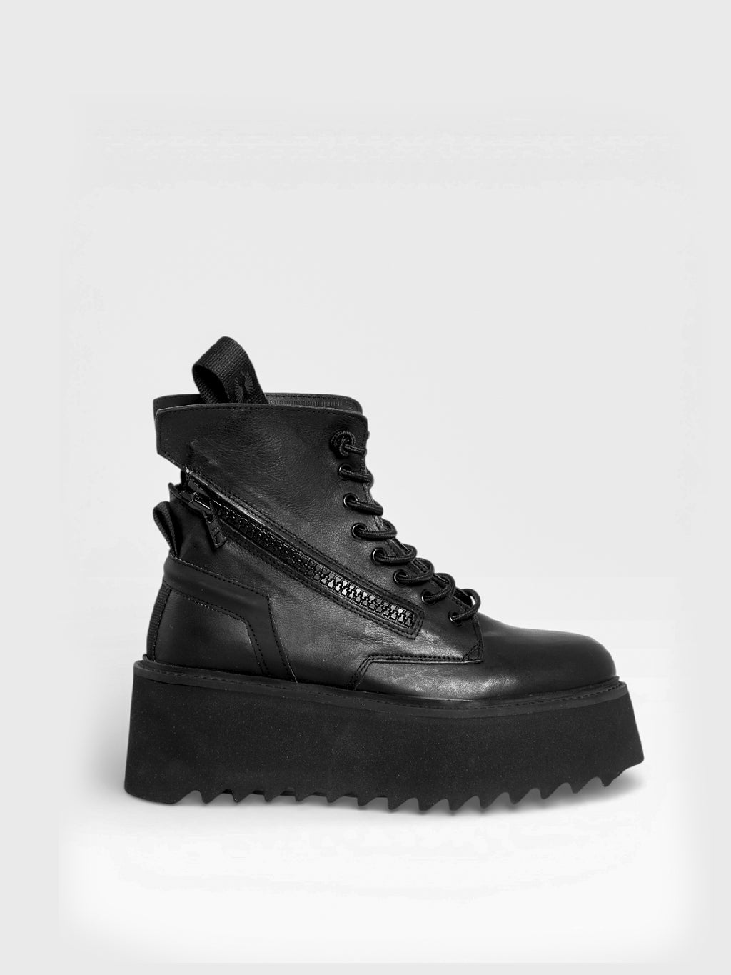 Damen mit Schnürstiefel mit doppeltem Reißverschluss aus schwarzem Leder - GIORGIA