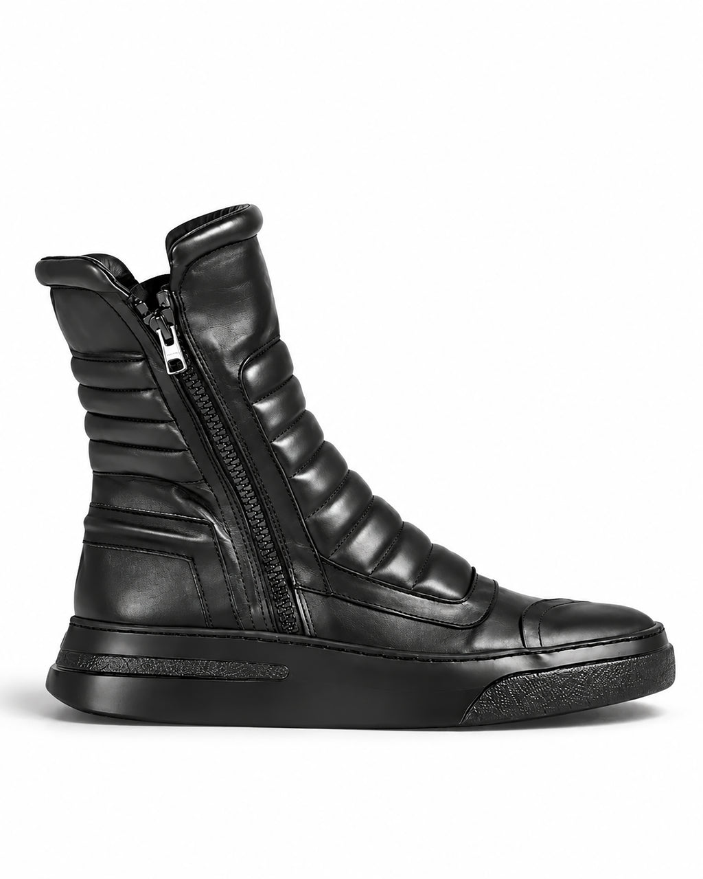 Sneaker Herrenstiefel aus schwarzem Leder mit doppeltem Reißverschluss und schwarzem Boden - MOTO
