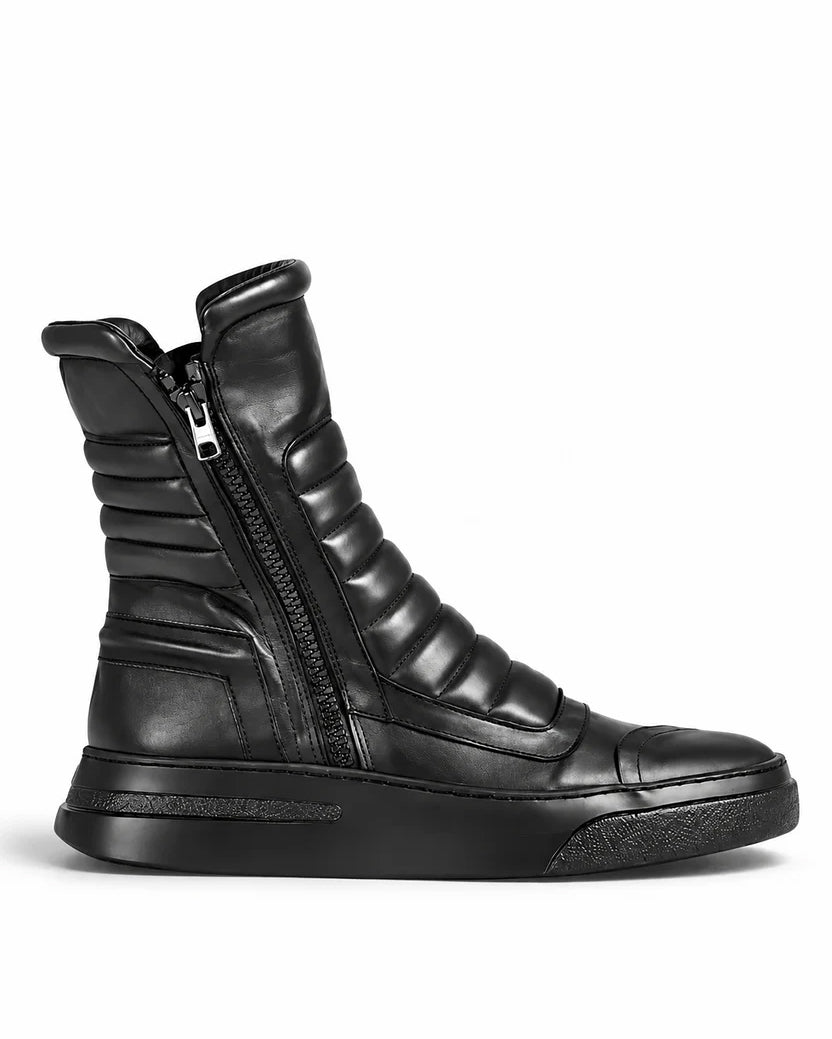 MOTO - Sneaker stivaletto pelle nera fondo nero