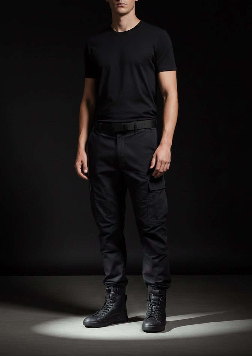 Herren hoher Sneaker aus schwarzem Leder mit schwarzem Boden - POLON